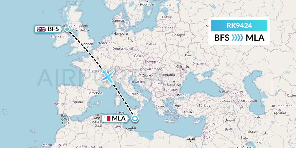 RK9424 Ryanair UK Flight Map: Belfast to Malta