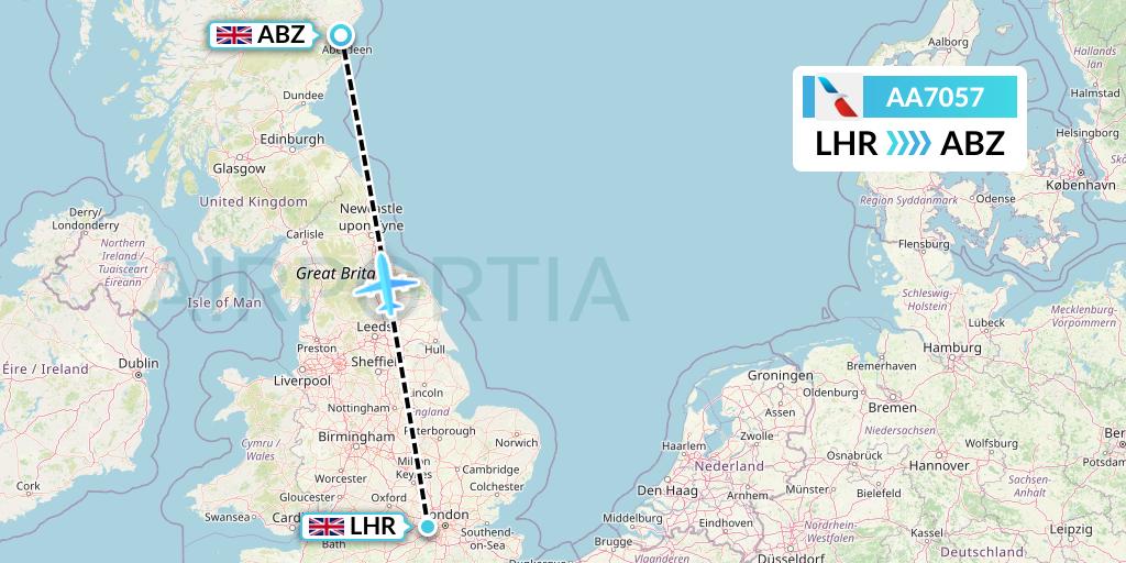 AA7057 American Airlines Flight Map: London to Aberdeen