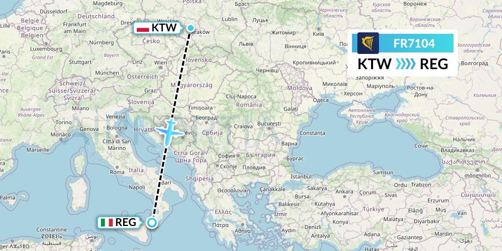 FR7104 Ryanair Flight Map: Katowice to Reggio Calabria