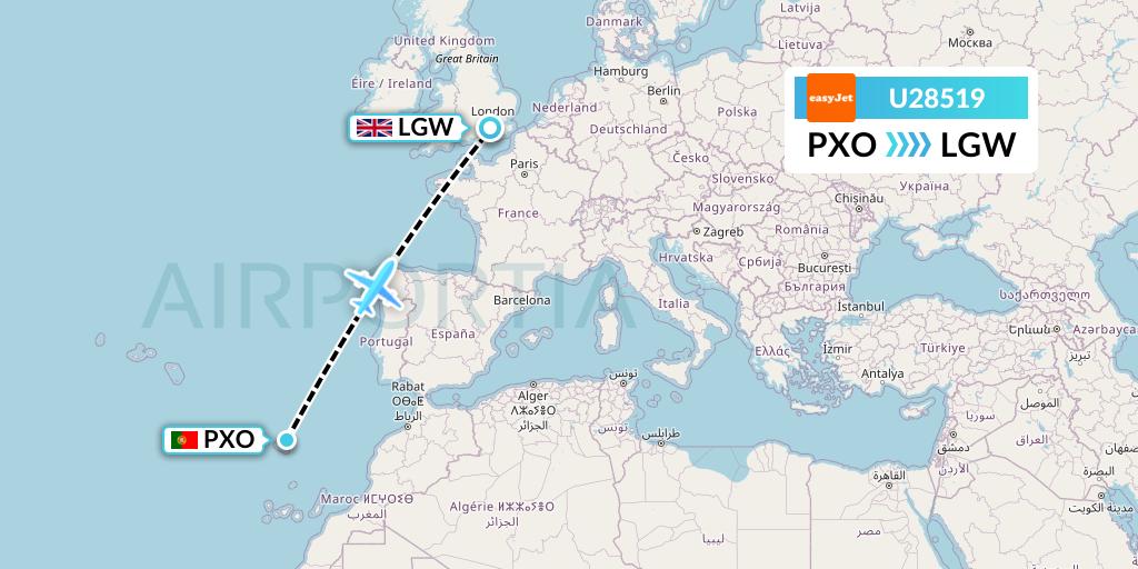U28519 EasyJet Flight Map: Porto Santo to London