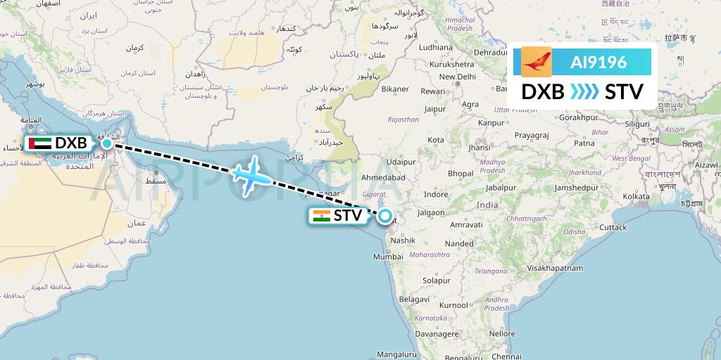 AI9196 Air India Flight Map: Dubai to Surat