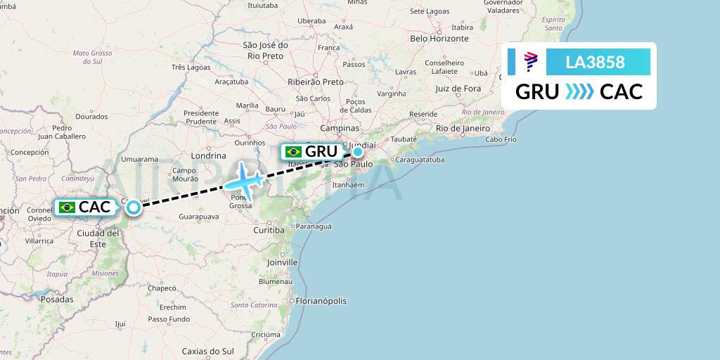 LA3858 LAN Airlines Flight Map: Sao Paulo to Cascavel