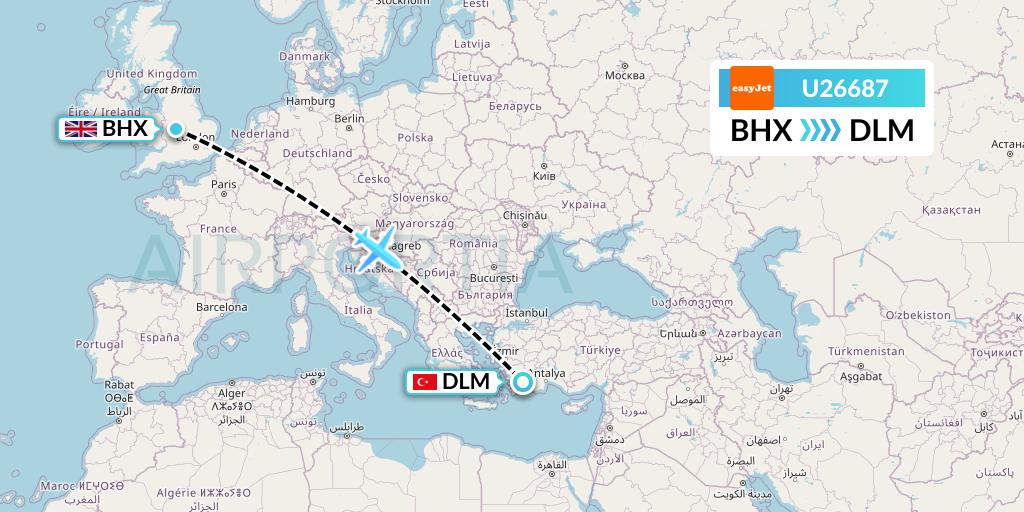 U26687 EasyJet Flight Map: Birmingham to Dalaman