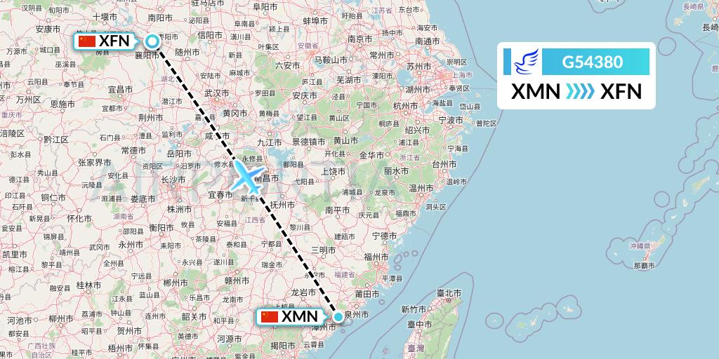 G54380 China Express Airlines Flight Map: Xiamen to Xiangyang
