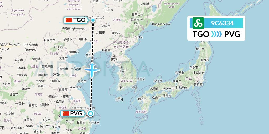9C6334 Spring Airlines Flight Map: Tongliao to Shanghai