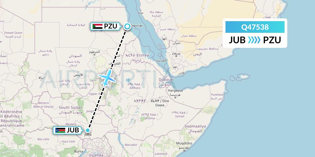 Q47538 Euroairlines Flight Map: Juba to Port Sudan