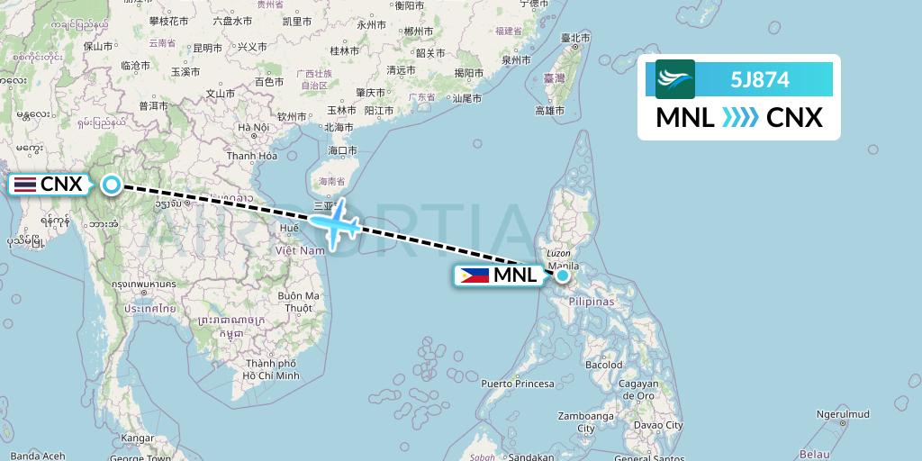 5J874 CEBU Pacific Air Flight Map: Manila to Chiang Mai