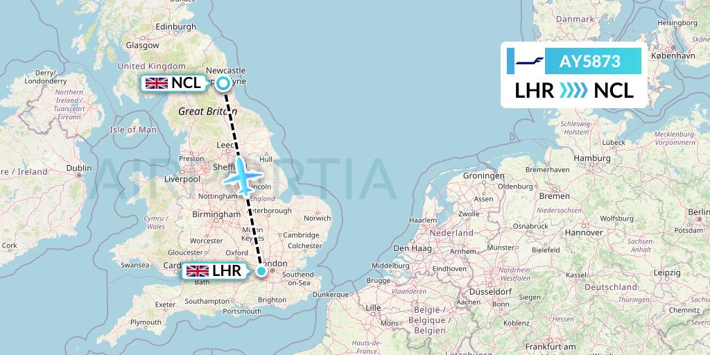 AY5873 Finnair Flight Map: London to Newcastle