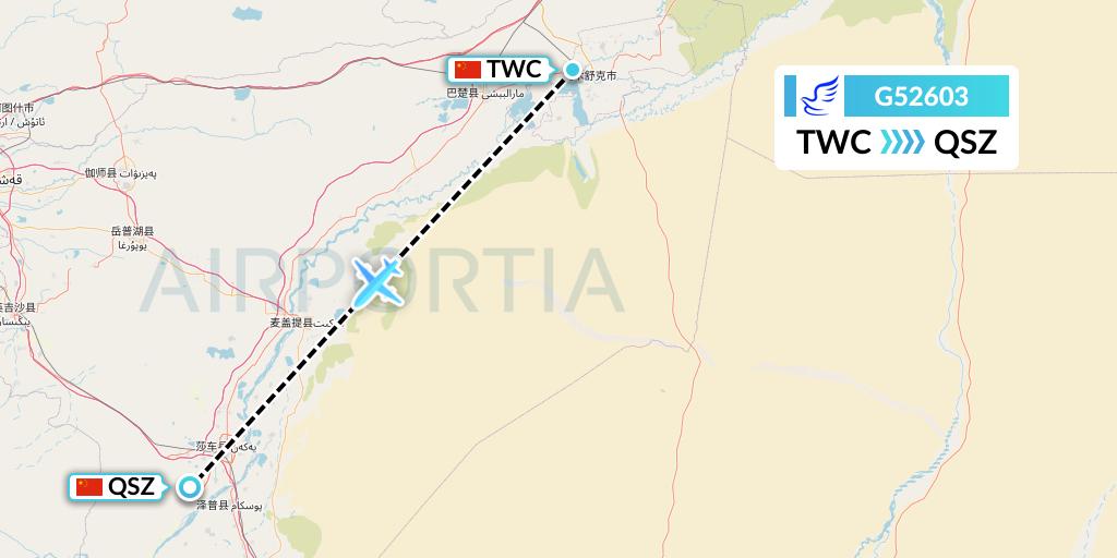 G52603 China Express Airlines Flight Map: Kashgar to Hotan
