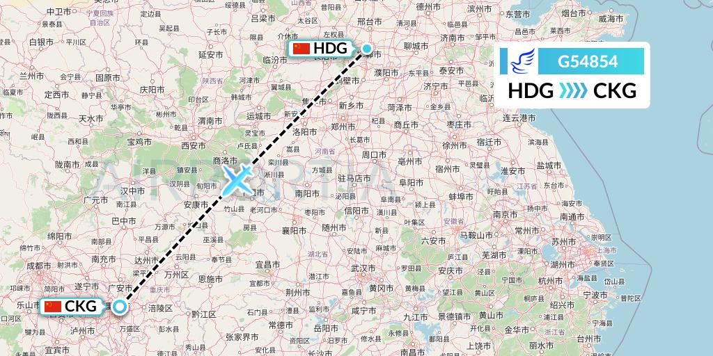 G54854 China Express Airlines Flight Map: Handan to Chongqing