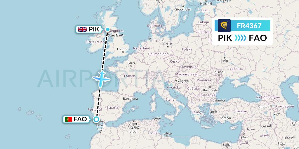 FR4367 Ryanair Flight Map: Prestwick to Faro
