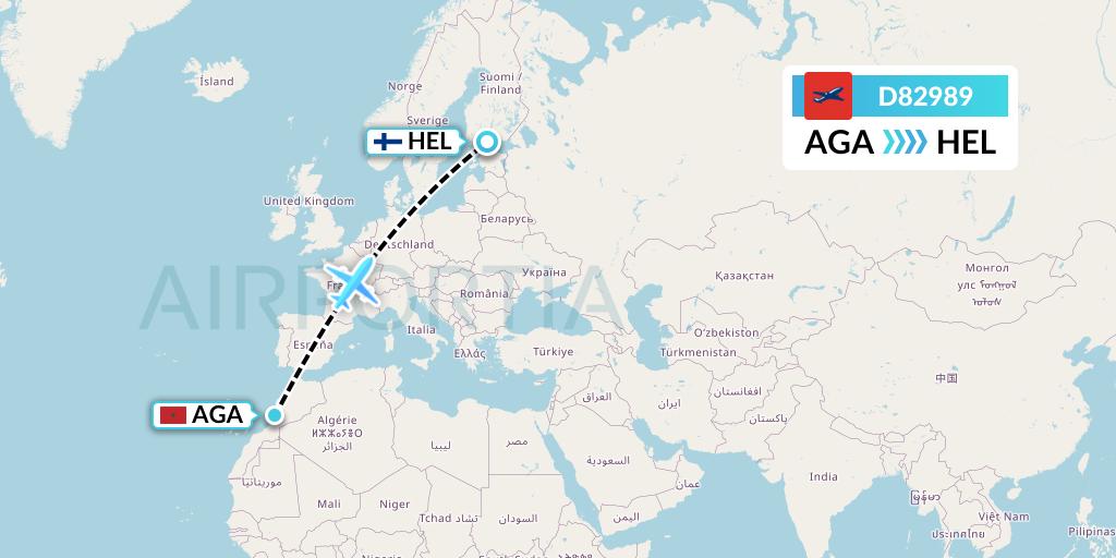 D82989 Norwegian Air International Flight Map: Agadir to Helsinki