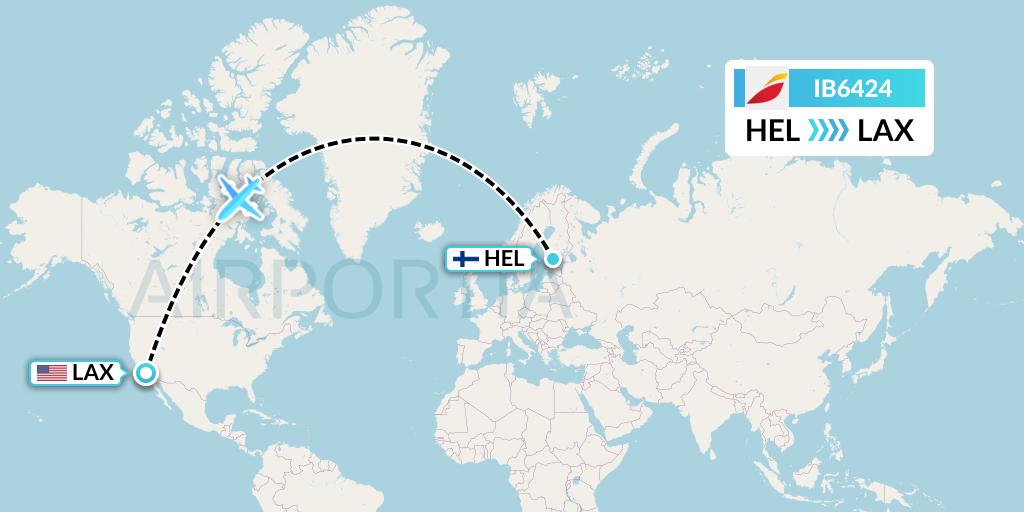 IB6424 Iberia Flight Map: Helsinki to Los Angeles