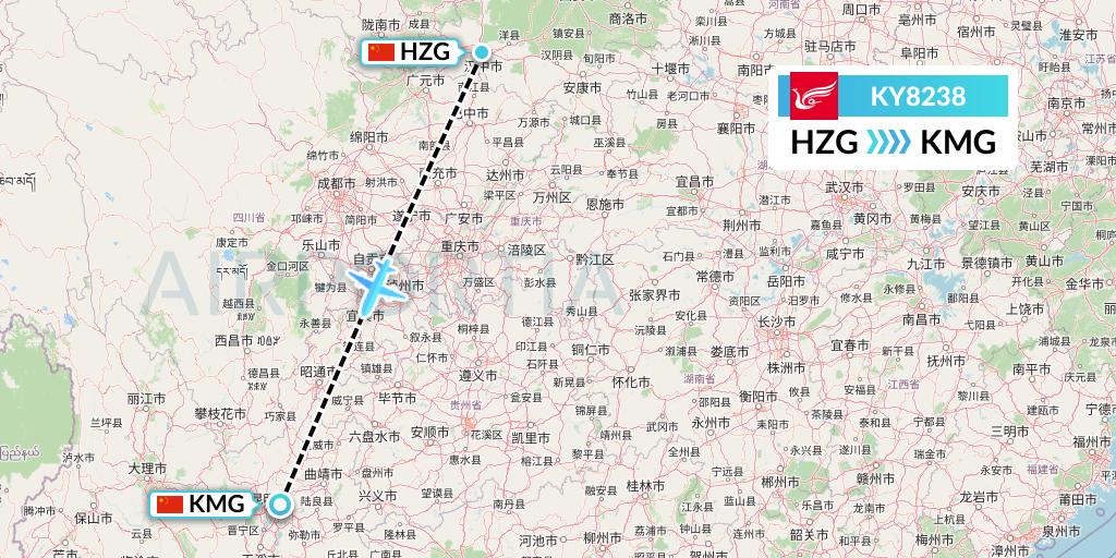 KY8238 Kunming Airlines Flight Map: Hanzhong to Kunming