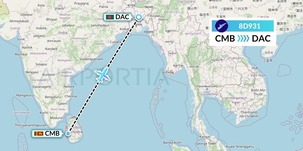 8D931 FitsAir Flight Map: Colombo to Dhaka