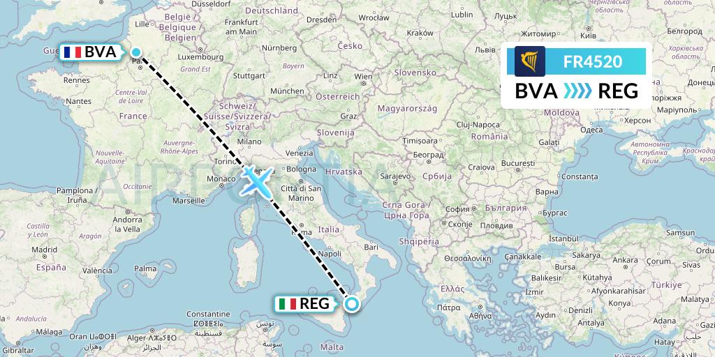 FR4520 Ryanair Flight Map: Paris to Reggio Calabria