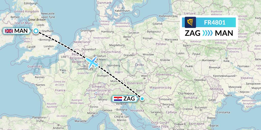 FR4801 Ryanair Flight Map: Zagreb to Manchester
