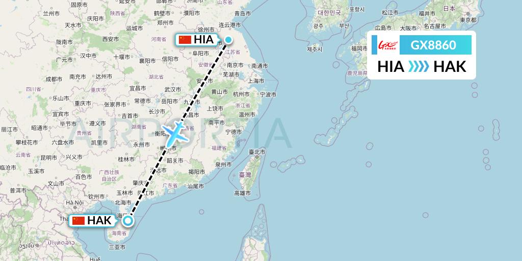 GX8860 GX Airlines Flight Map: Huai'an to Haikou