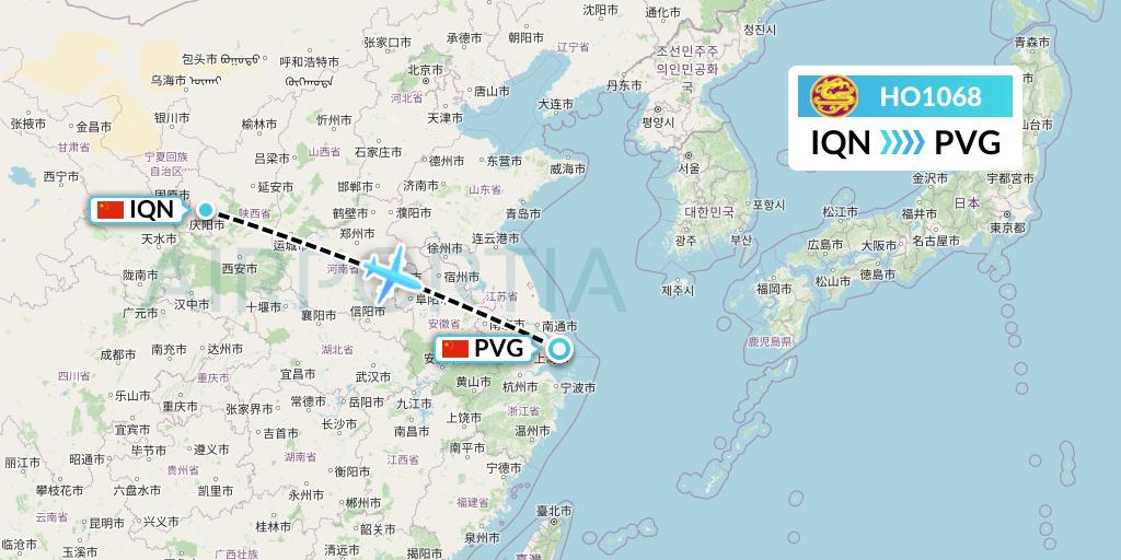 HO1068 Juneyao Airlines Flight Map: Qingyang to Shanghai
