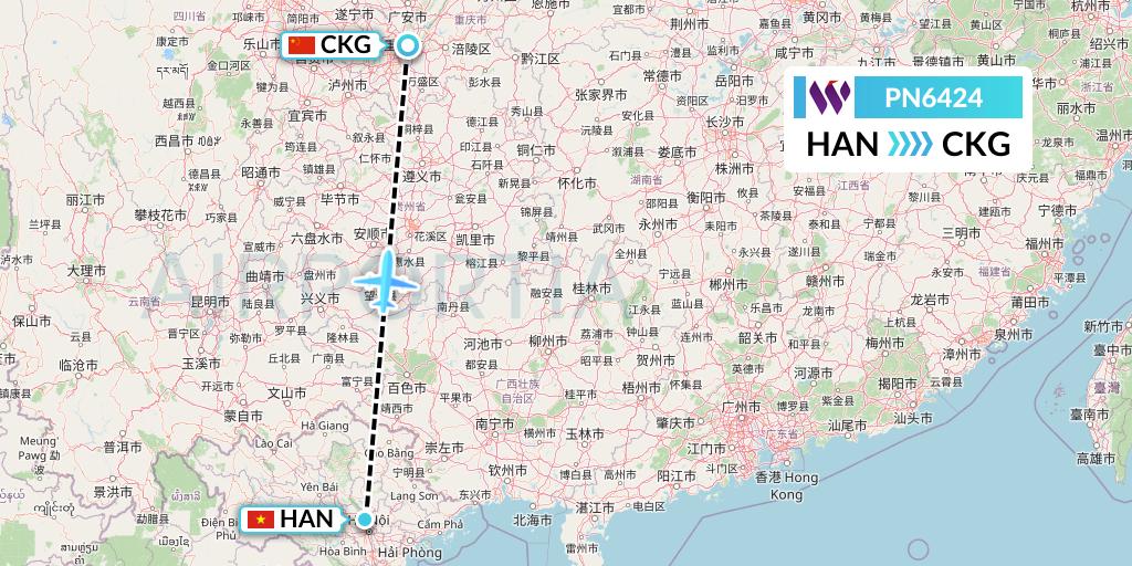 PN6424 China West Air Flight Map: Hanoi to Chongqing