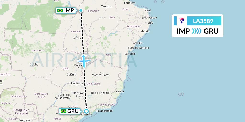 LA3589 LAN Airlines Flight Map: Imperatriz to Sao Paulo