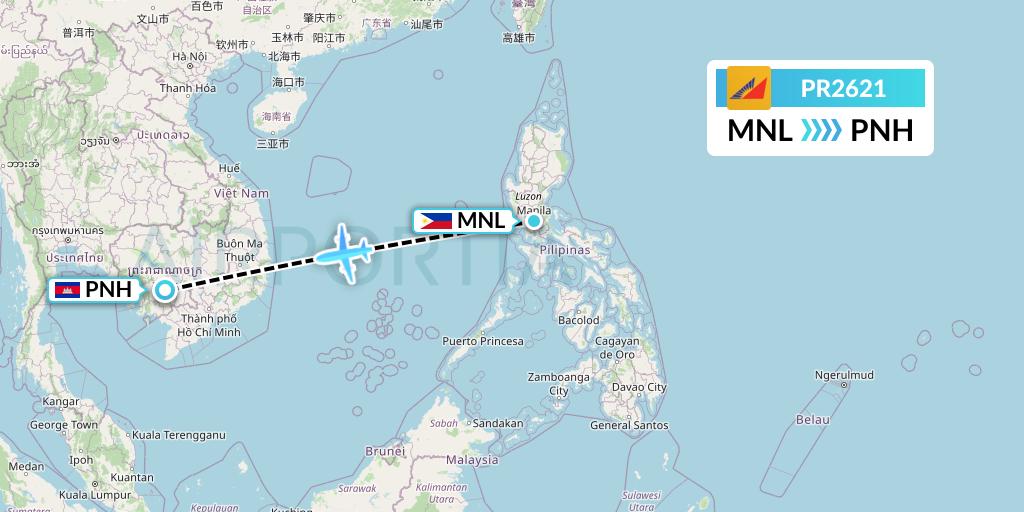 PR2621 Philippine Airlines Flight Map: Manila to Phnom Penh