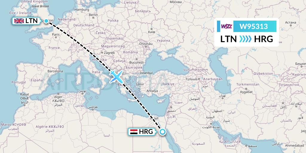W95313 Wizz Air UK Flight Map: London to Hurghada