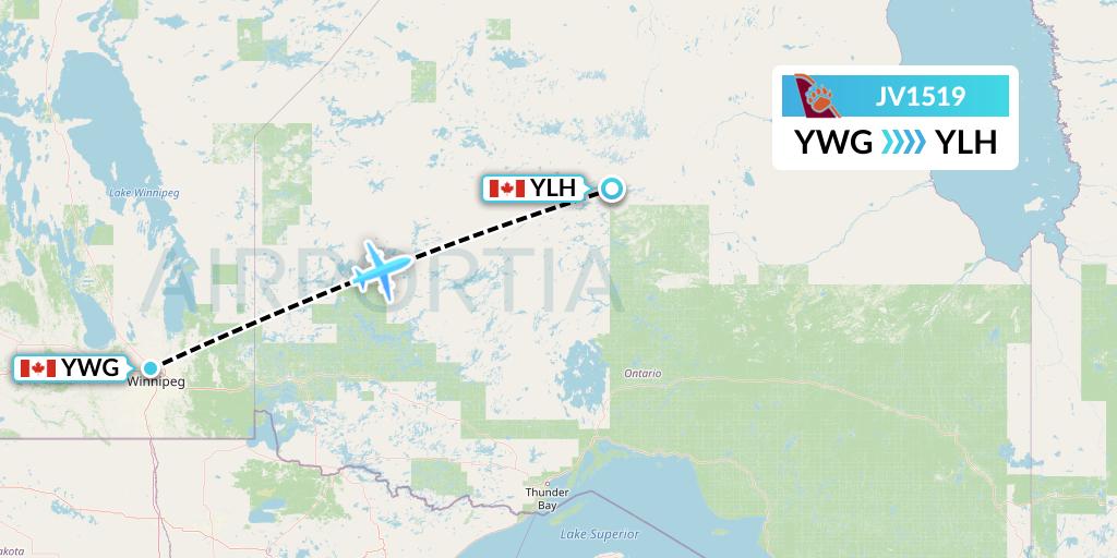 JV1519 Bearskin Airlines Flight Map: Winnipeg to Lansdowne House