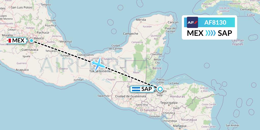 AF8130 Air France Flight Map: Mexico City to San Pedro Sula