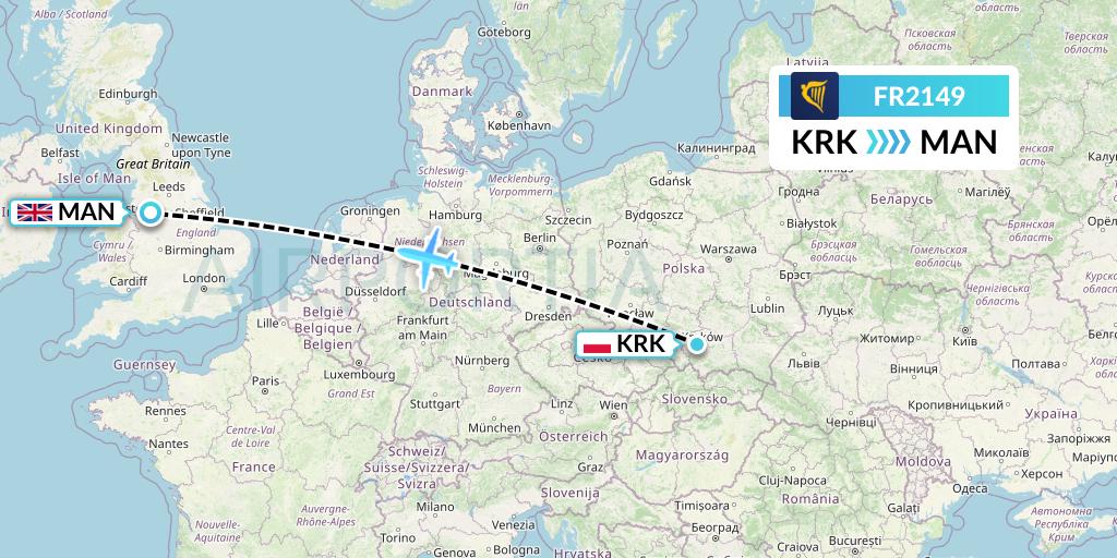 FR2149 Ryanair Flight Map: Krakow to Manchester