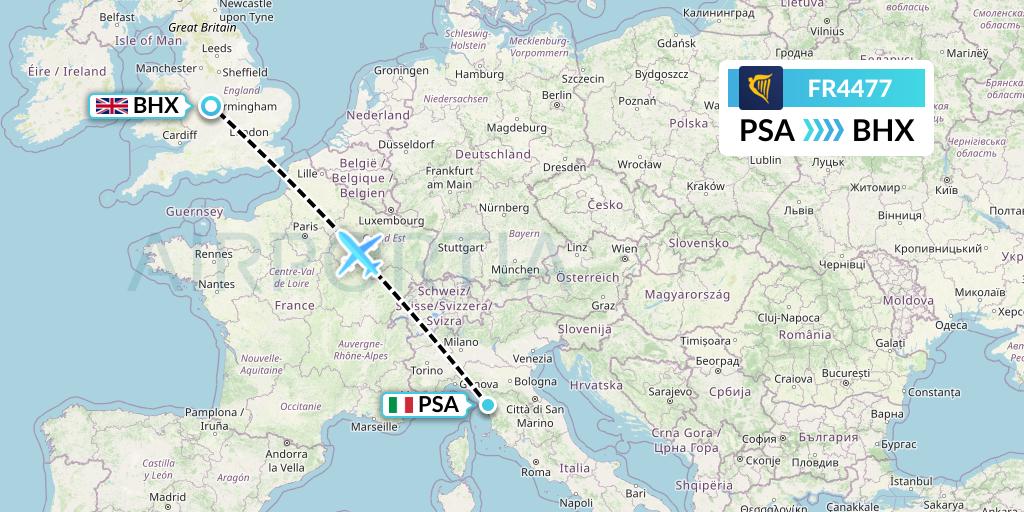 FR4477 Ryanair Flight Map: Pisa to Birmingham