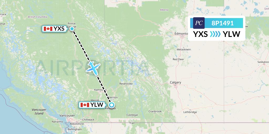 8P1491 Pacific Coastal Airlines Flight Map: Prince George to Kelowna