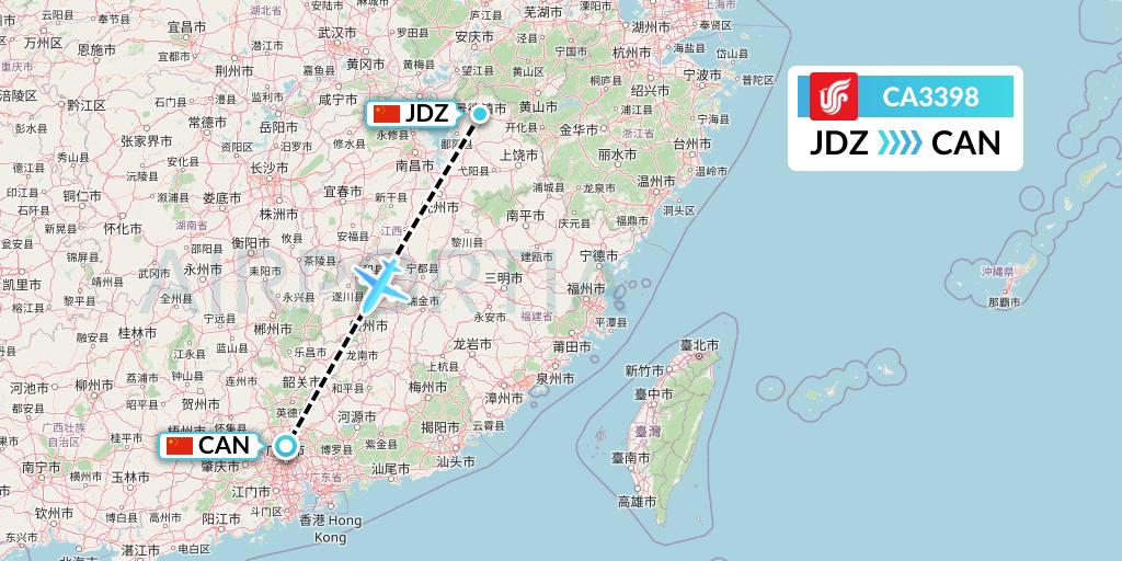 CA3398 Air China Flight Map: Jingdezhen to Guangzhou
