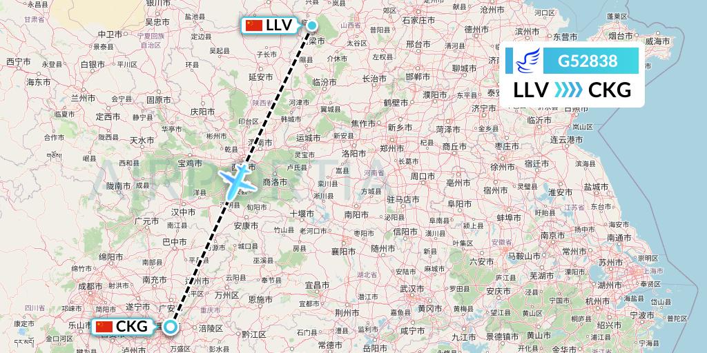 G52838 China Express Airlines Flight Map: Kunming to Chongqing