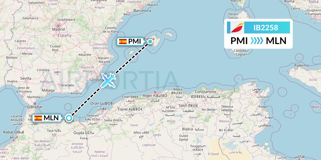 IB2258 Iberia Flight Map: Palma de Mallorca to Melilla