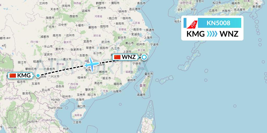 KN5008 China United Airlines Flight Map: Kunming to Wenzhou