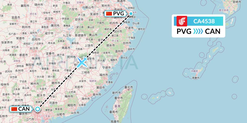 CA4538 Air China Flight Map: Shanghai to Guangzhou