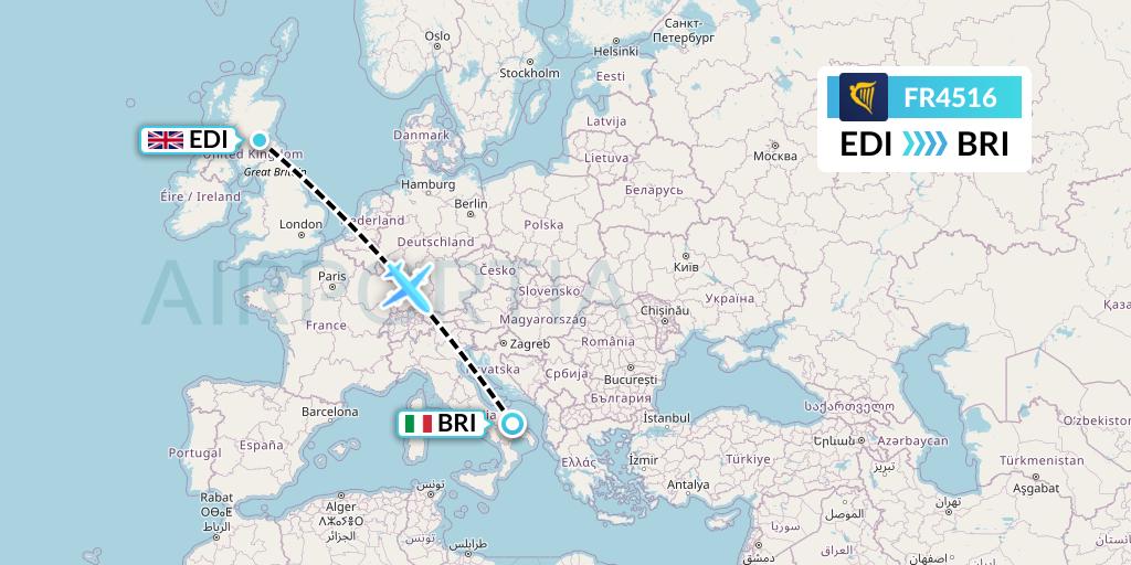FR4516 Ryanair Flight Map: Edinburgh to Bari