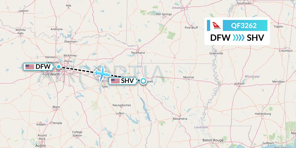 QF3262 Qantas Flight Map: Dallas to Shreveport