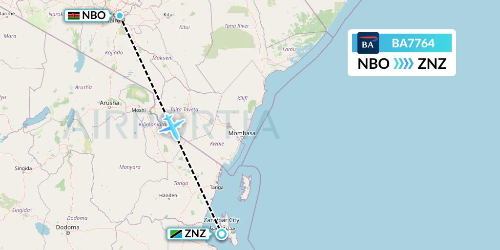 BA7764 British Airways Flight Map: Nairobi to Zanzibar