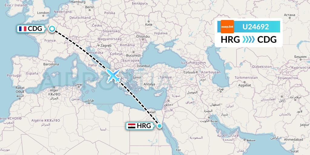 U24692 EasyJet Flight Map: Hurghada to Paris