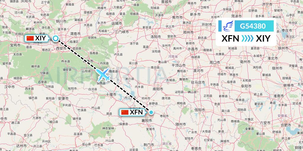 G54380 China Express Airlines Flight Map: Xiangyang to Xi'an