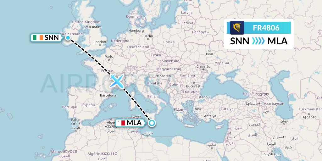 FR4806 Ryanair Flight Map: Shannon to Malta