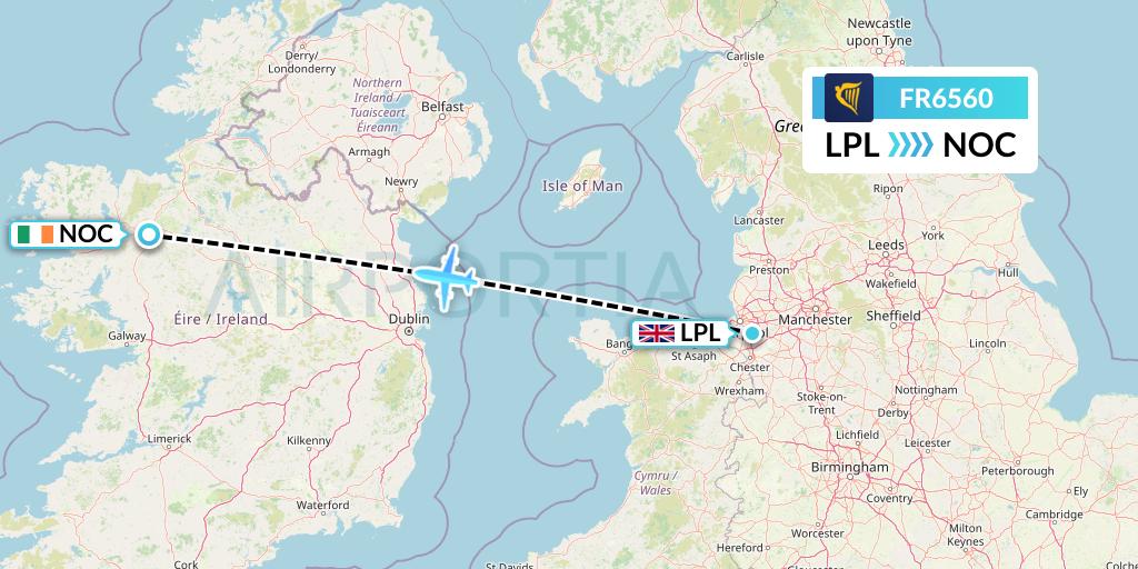 FR6560 Ryanair Flight Map: Liverpool to Knock