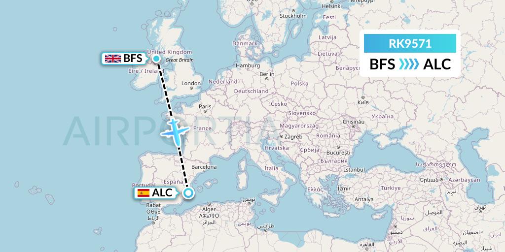 RK9571 Ryanair UK Flight Map: Belfast to Alicante