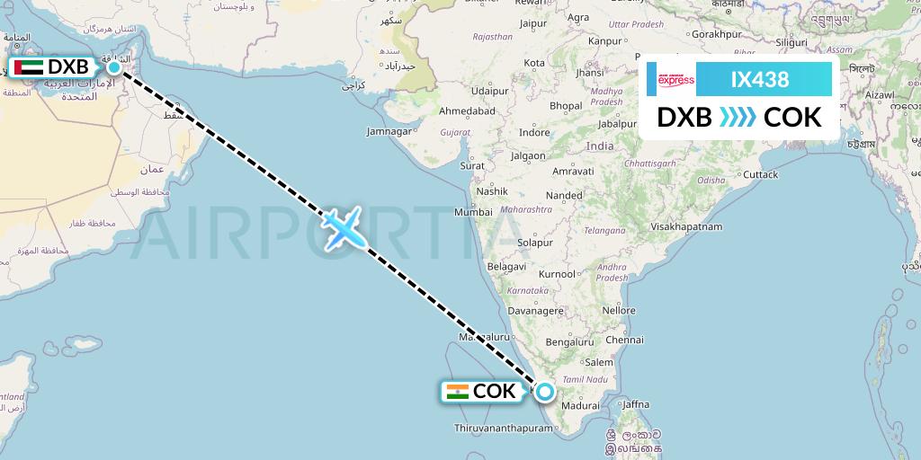 IX438 Air India Express Flight Map: Dubai to Cochin