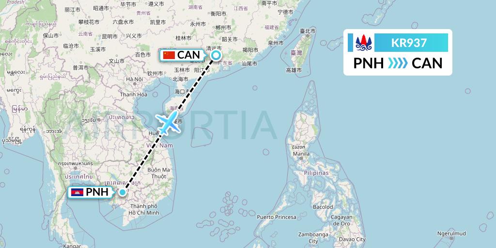 KR937 Cambodia Airways Flight Map: Phnom Penh to Guangzhou