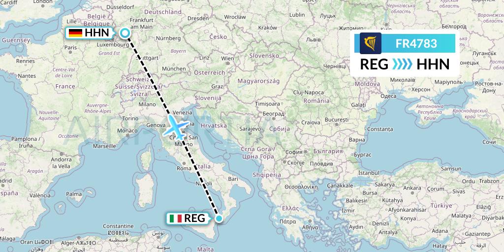 FR4783 Ryanair Flight Map: Reggio Calabria to Hahn
