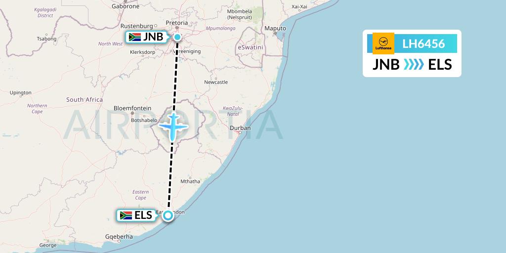 LH6456 Lufthansa Flight Map: Johannesburg to East London