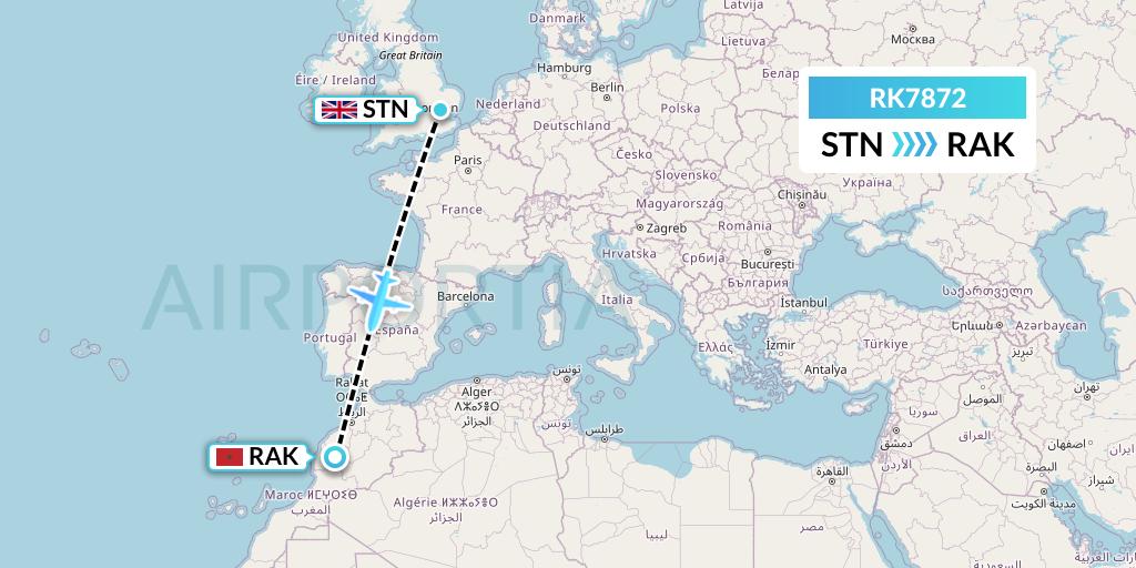 RK7872 Ryanair UK Flight Map: London to Marrakesh